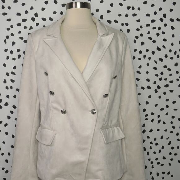 T Tahari White Faux Suede Double Breasted Tailored Blazer Jacket - Picture 3 of 10